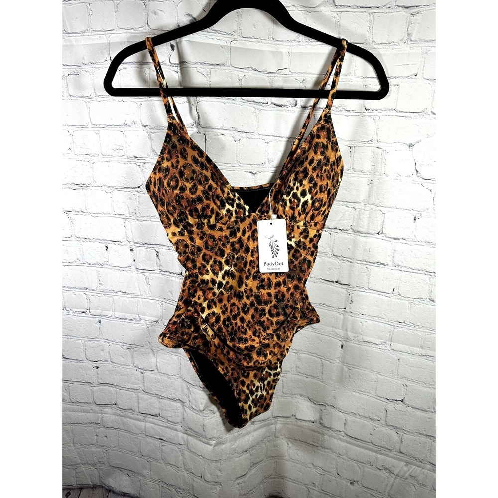 PodyDot Leopard Print One Piece‎ Swimsuit Ruched V-Neck Animal Print LV03 Small